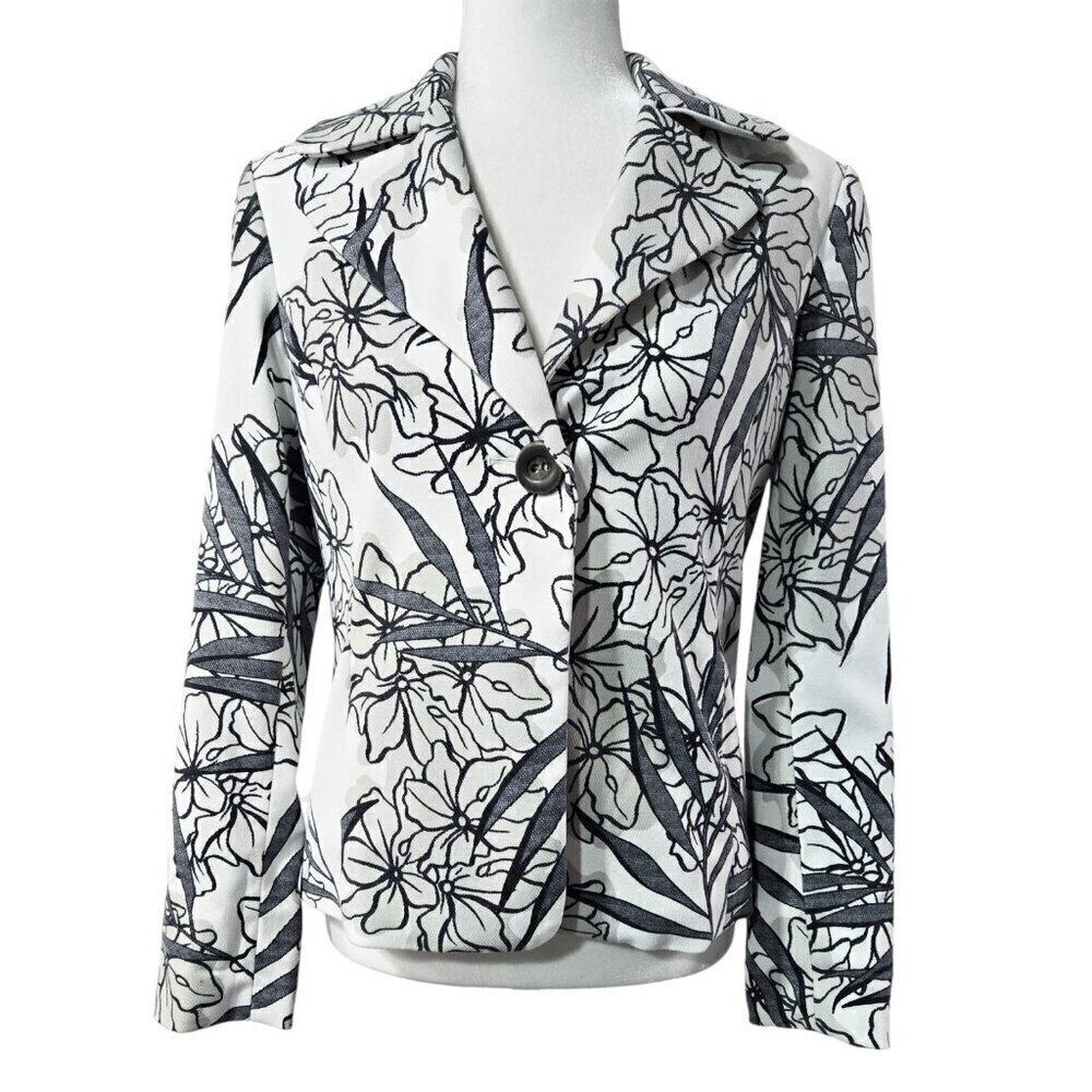 Coldwater Creek White Floral Leaf One Button Blazer Pockets Office